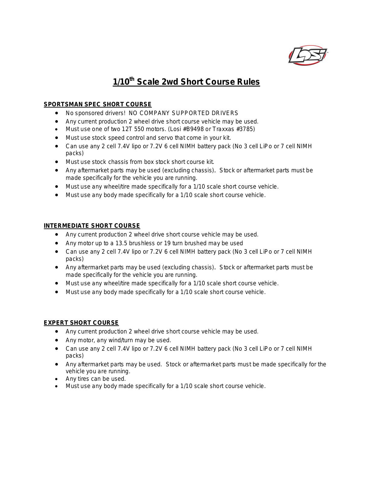 Losi Scale 2wd Short Course Rules User Manual