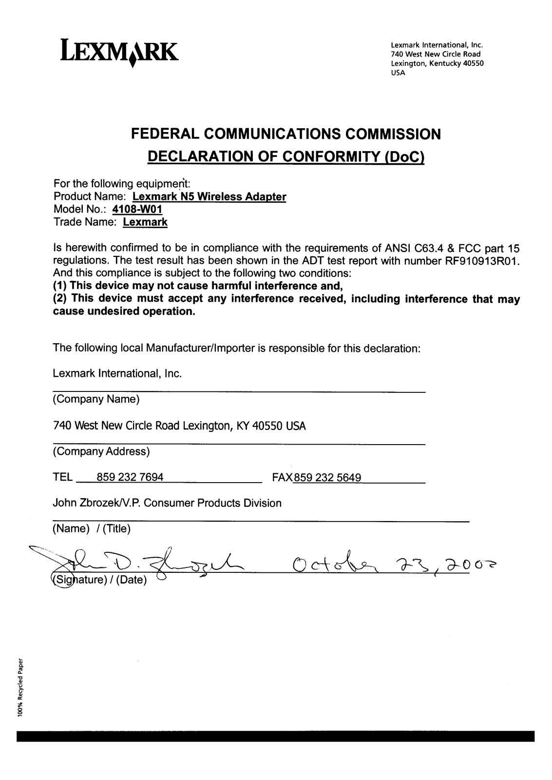 Lexmark 4108-W01 DoC Statement