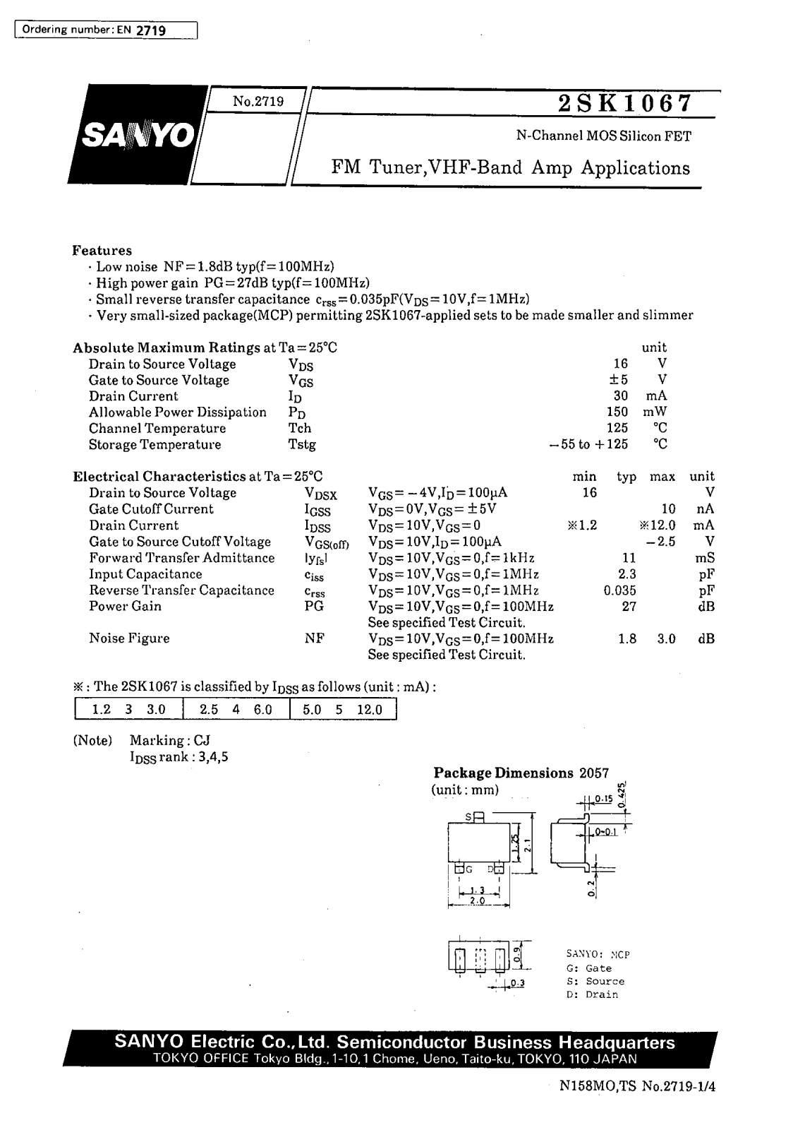 SANYO 2SK1067 Datasheet