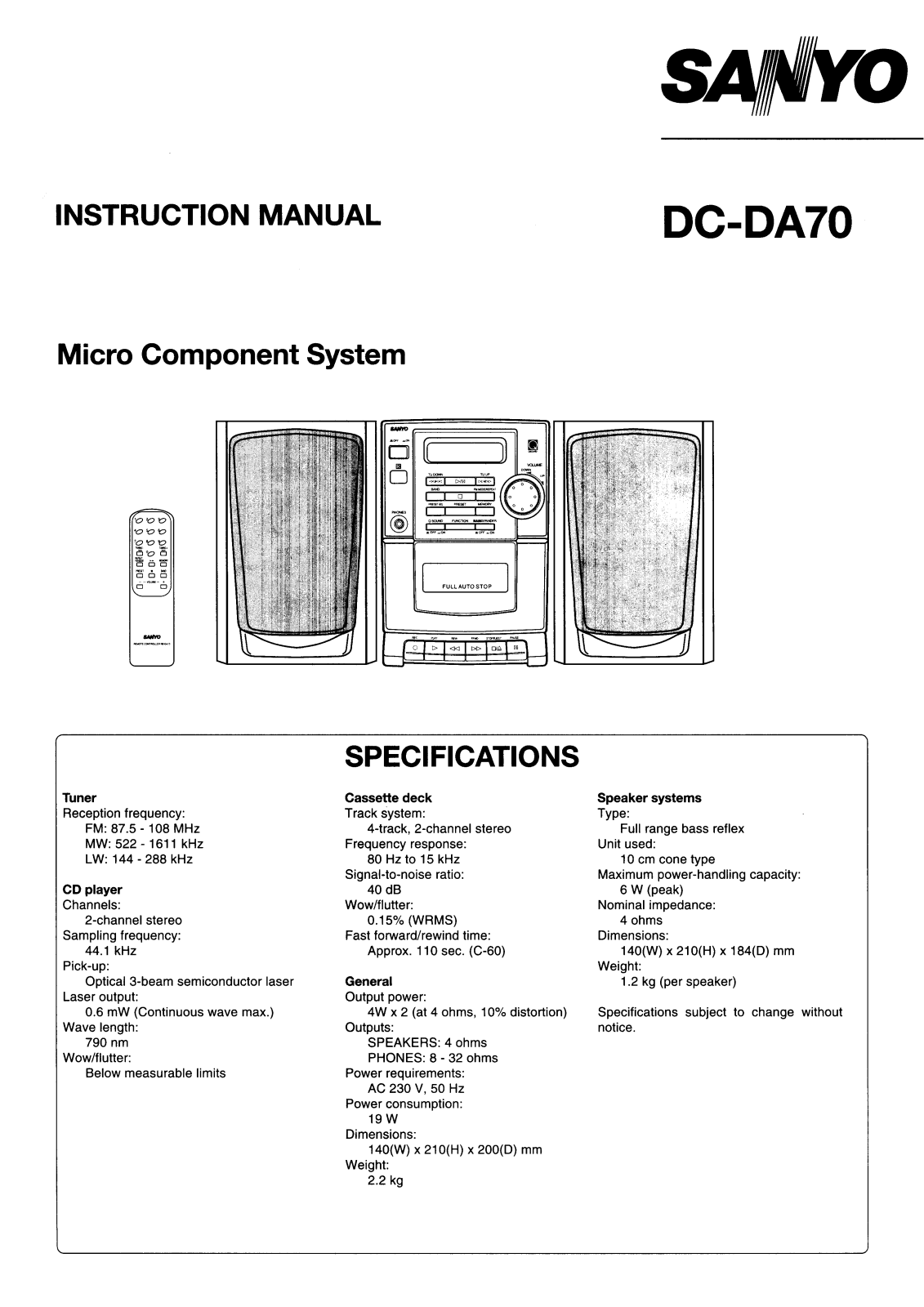 Sanyo DC-DA70 Instruction Manual