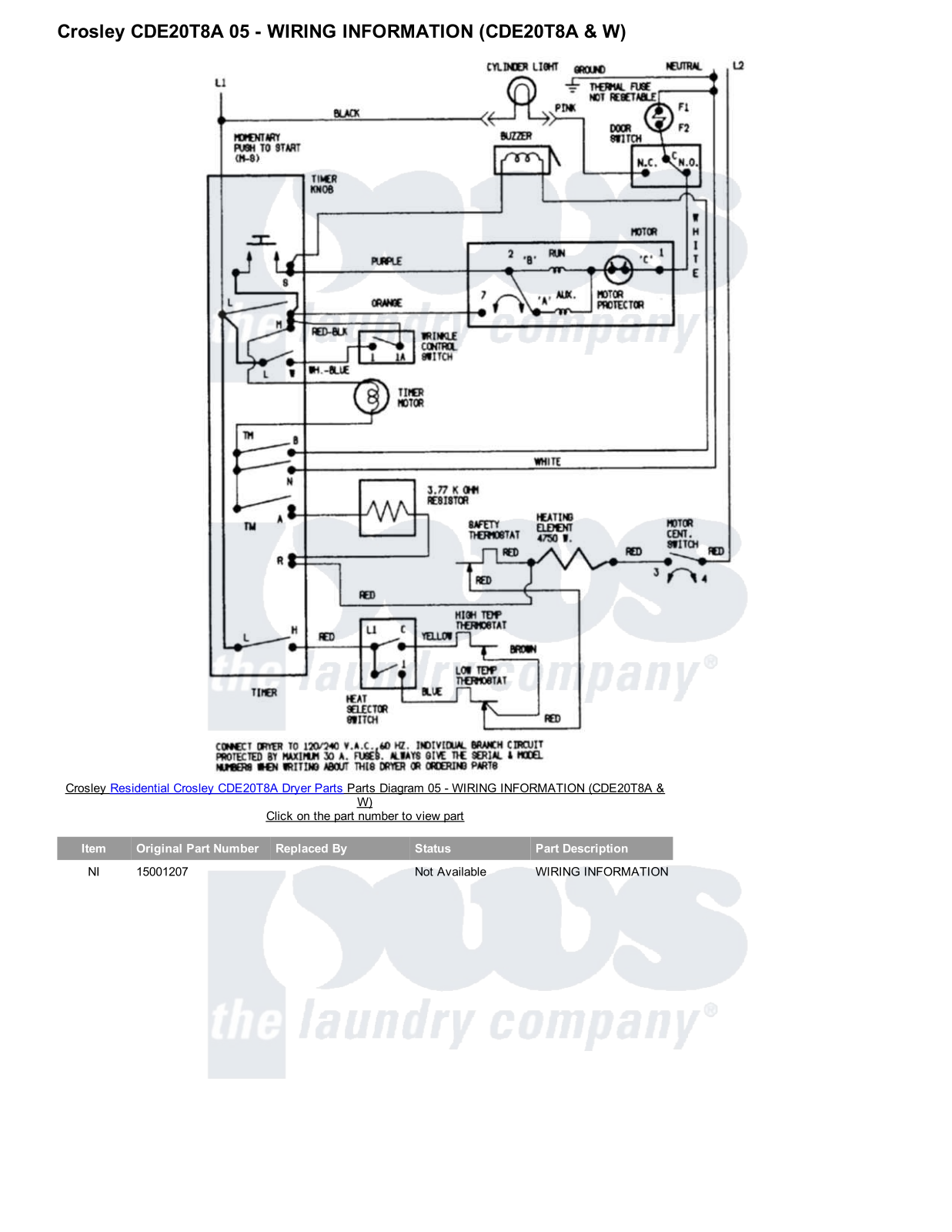 Crosley CDE20T8A Parts Diagram