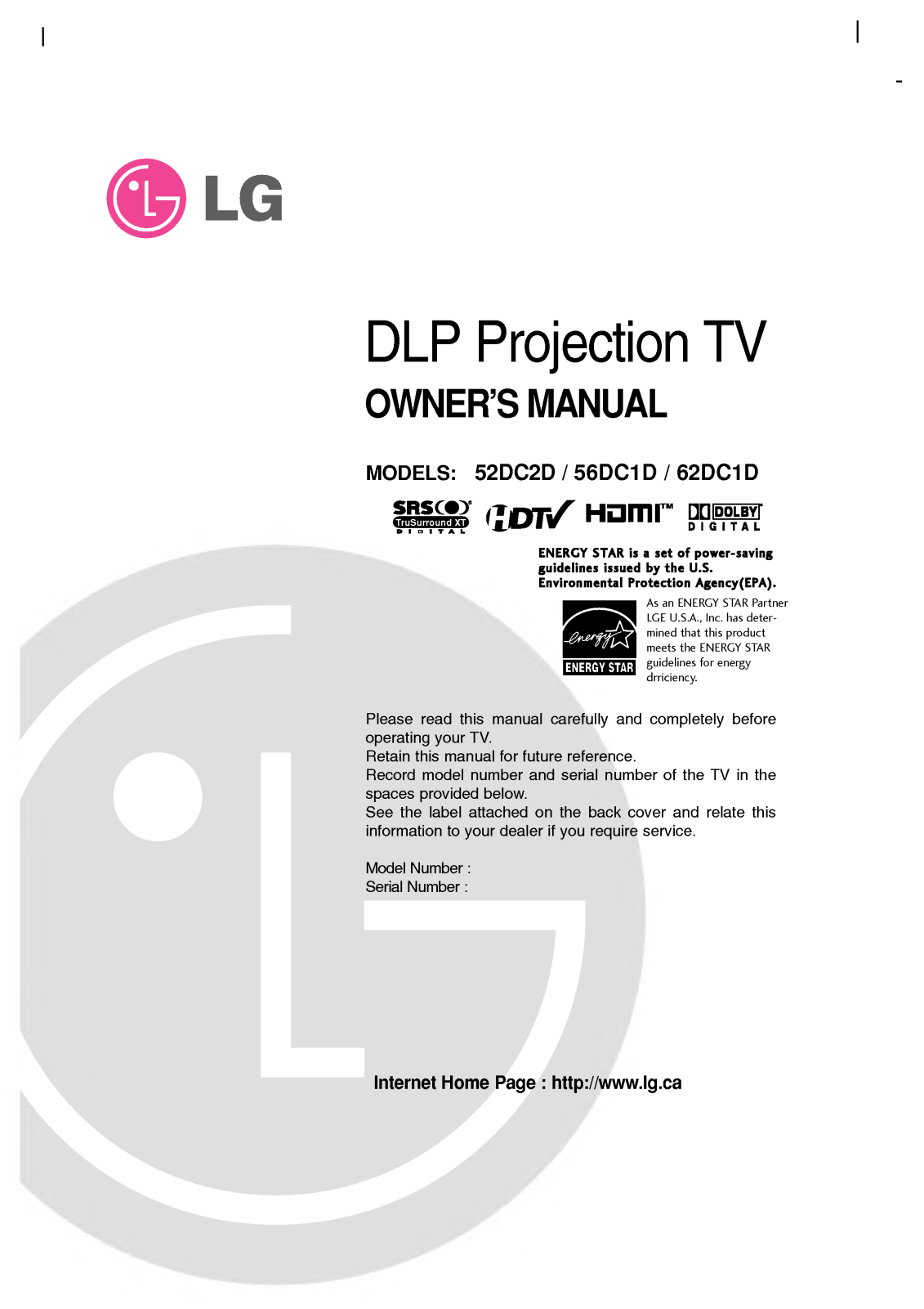 LG Z52DC2D, 62DC1DA, Z56DC1D User Manual