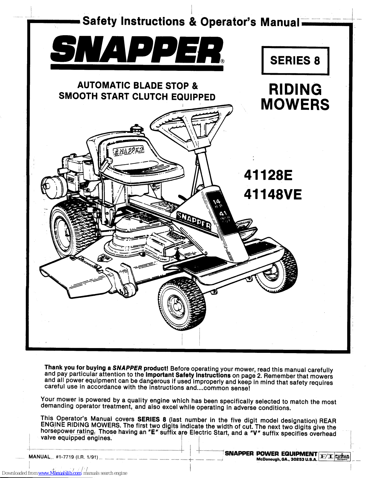 Snapper 41148VE Safety Instructions & Operator's Manual