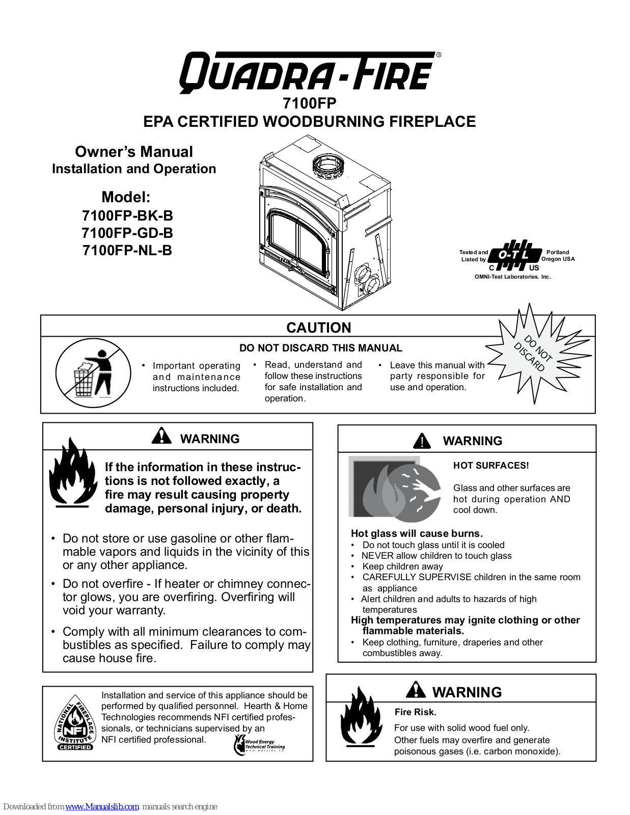 Quadra-Fire 7100FP-BK-B, 7100FP-GD-B, 7100FP-NL-B, 7100FP Owner's Manual