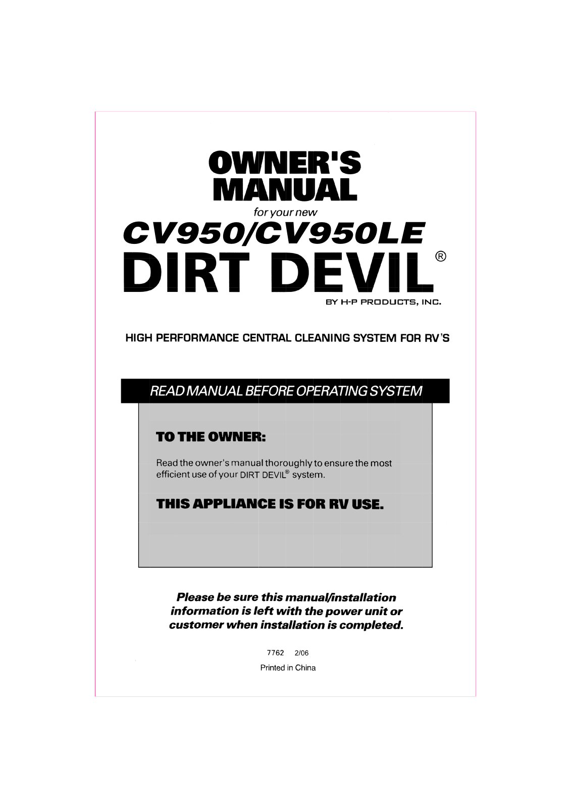 Dirt Devil CV950LE, CV950 User Manual