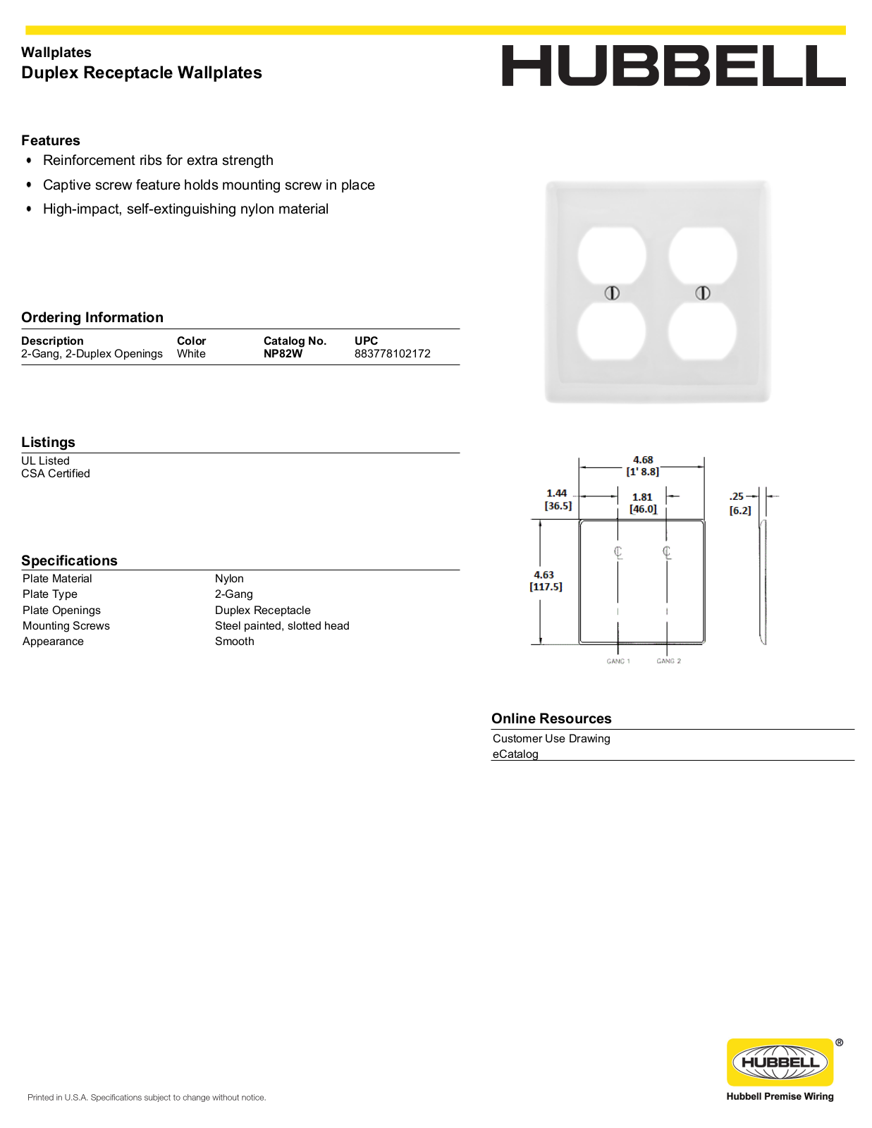 Hubbell NP82W Specifications