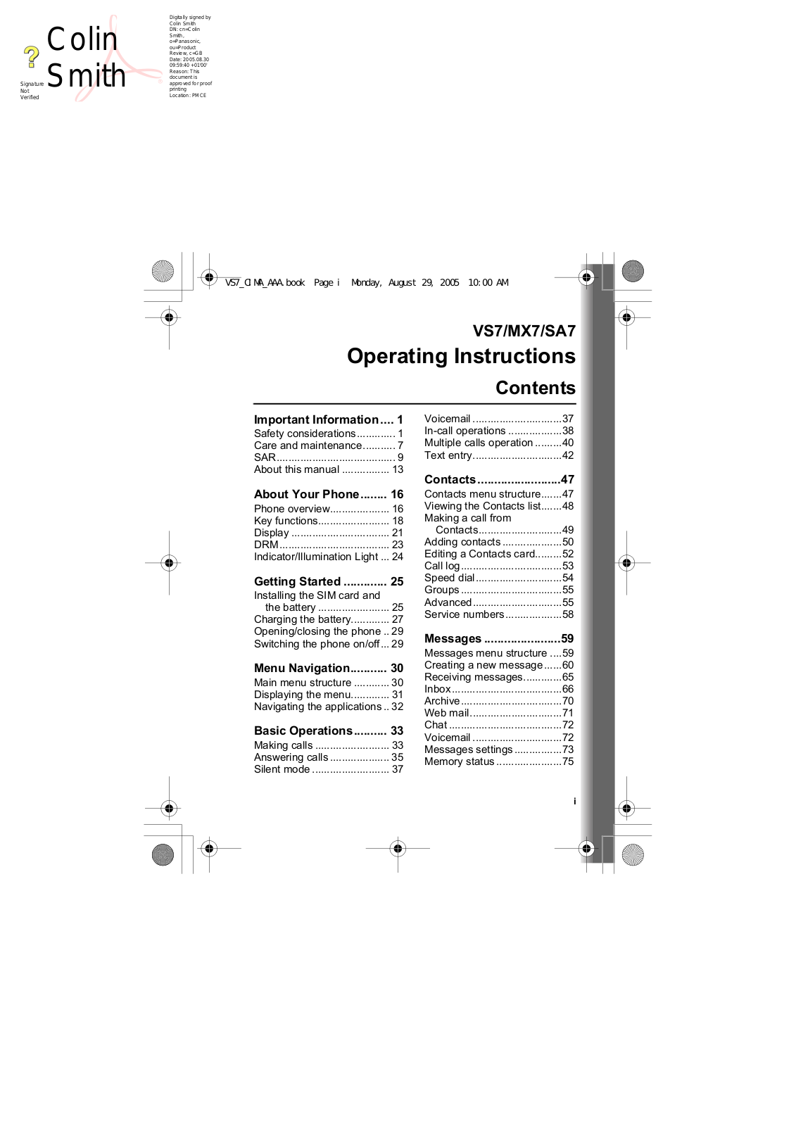 Panasonic SA7, MX7 User Manual