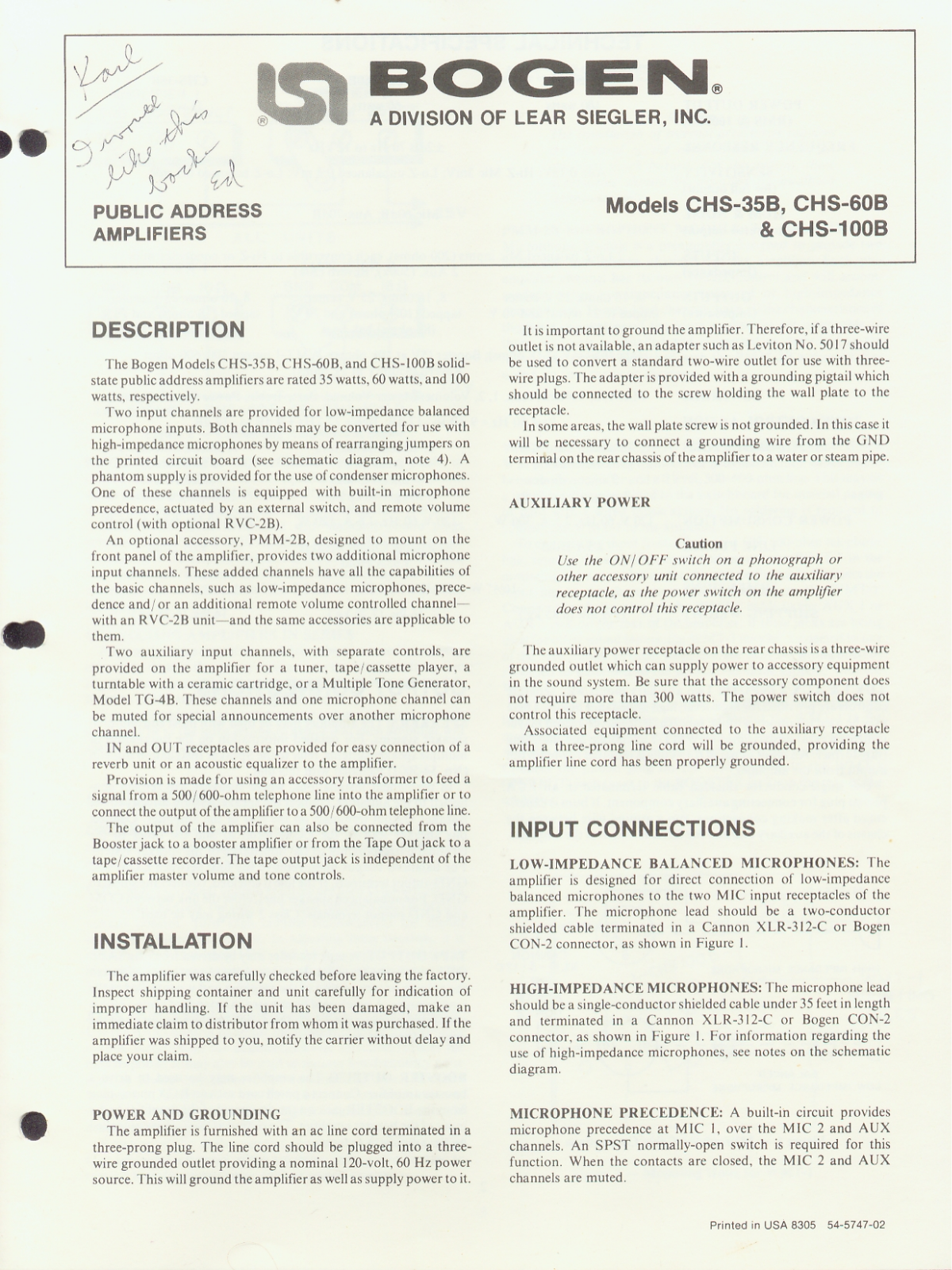 Bogen CHS100B Service Manual