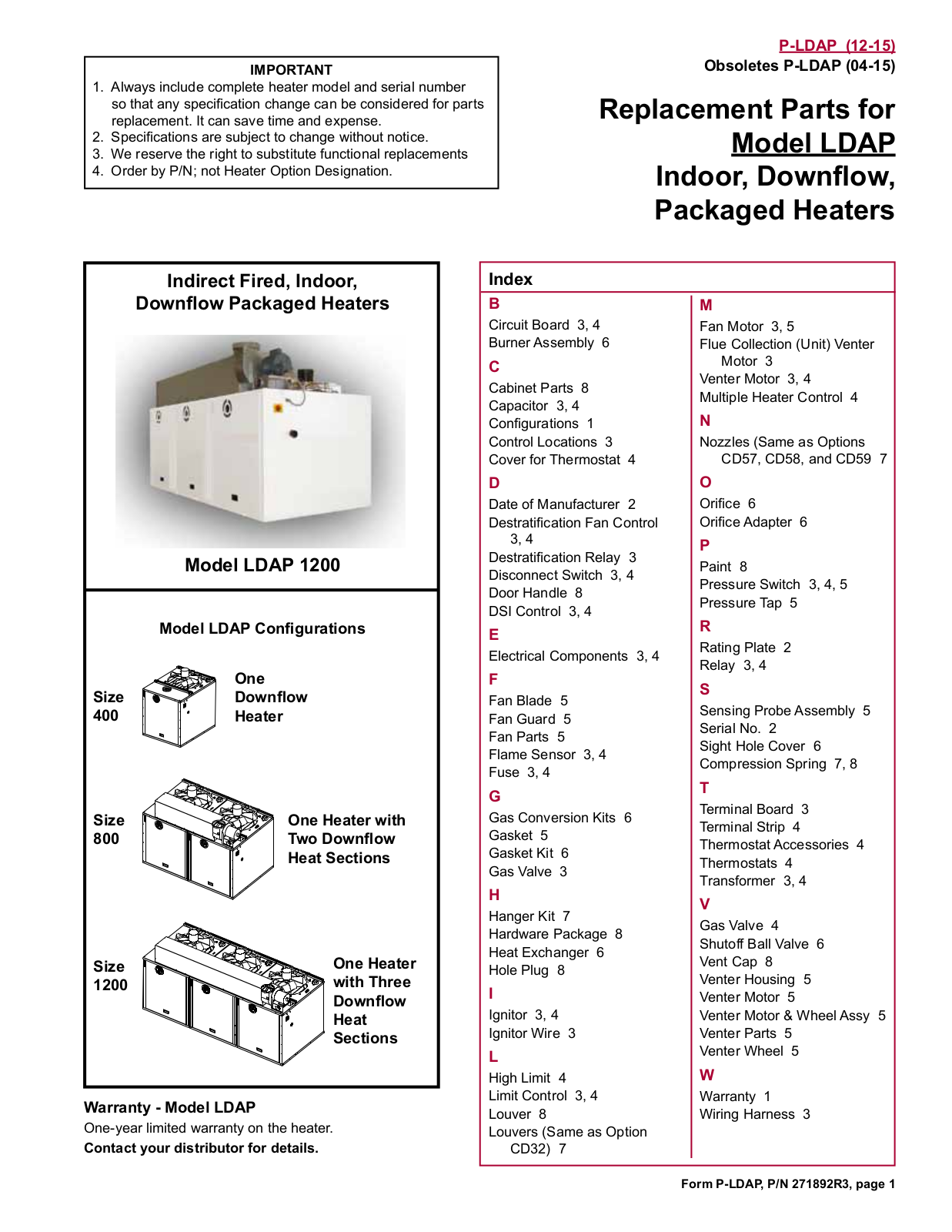 Reznor LDAP-800 Parts List