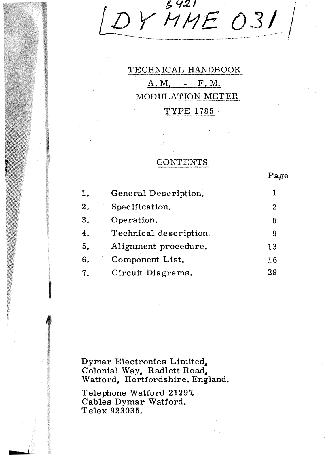 Dymar Electronics Limited 1785 Service manual