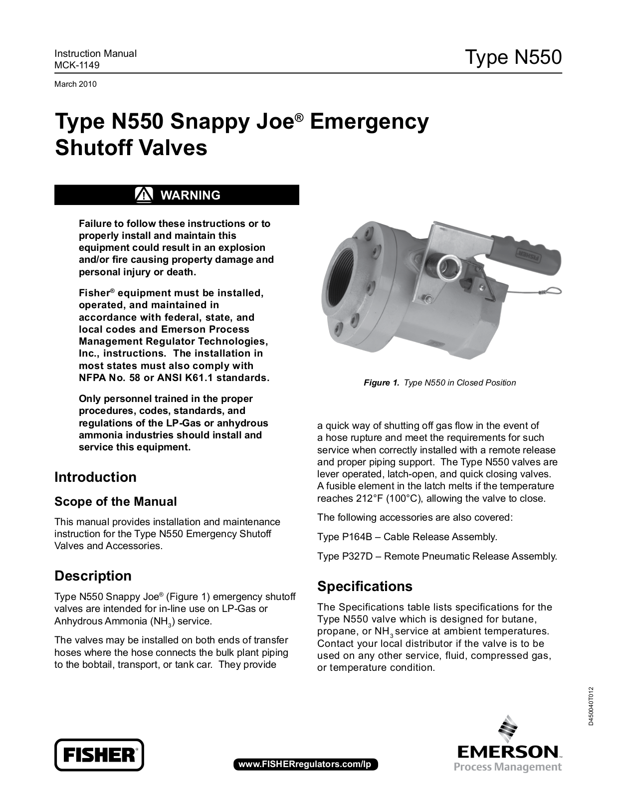 Fisher Instruction Manual: N550 Snappy Joe Emergency Shutoff Valves | Fisher Manuals & Guides