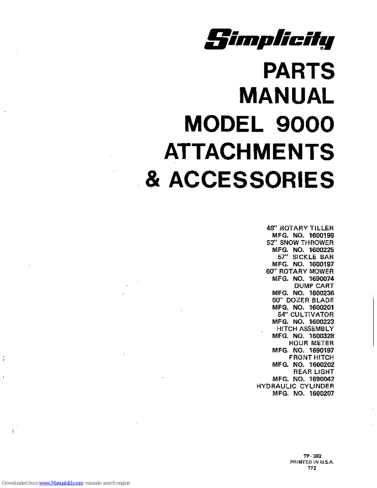 Simplicity 1600199, 1600225, 1600197, 1690074, 1600236 Parts Manual