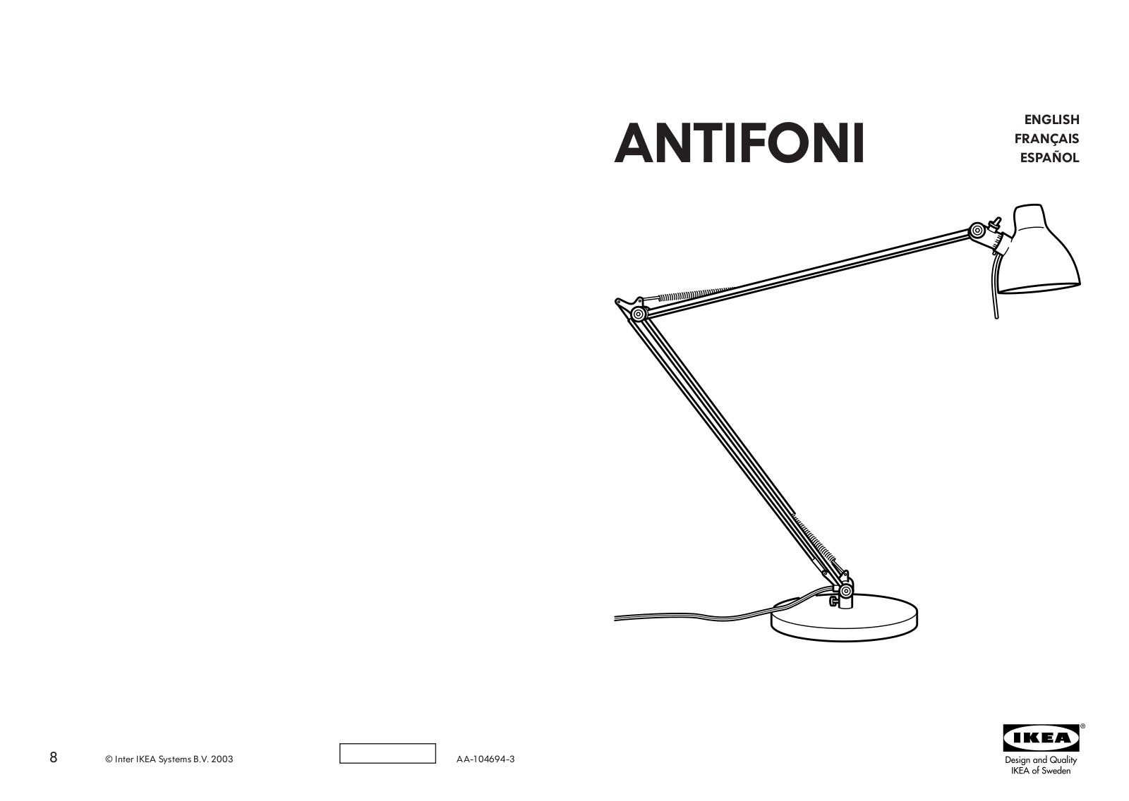 IKEA ANTIFONI N WORK LAMP 35W NA User Manual