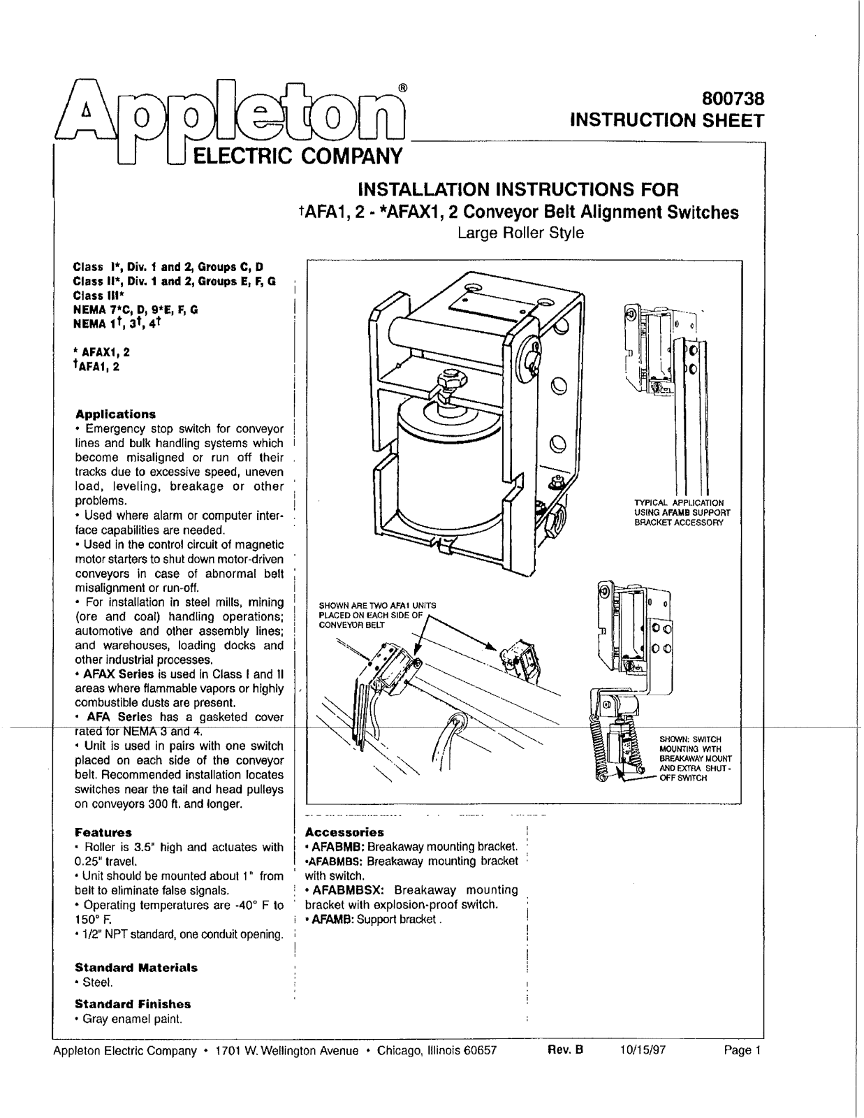 Appleton Instruction Sheet: 800738, Appleton AFA and AFAX Conveyor Belt Alignment Switches Manuals & Guides