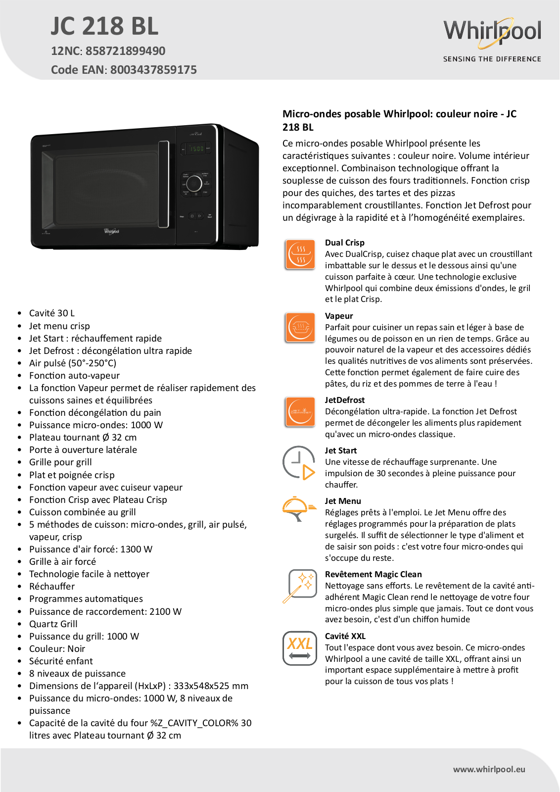 Whirlpool JC 218 BL Product information