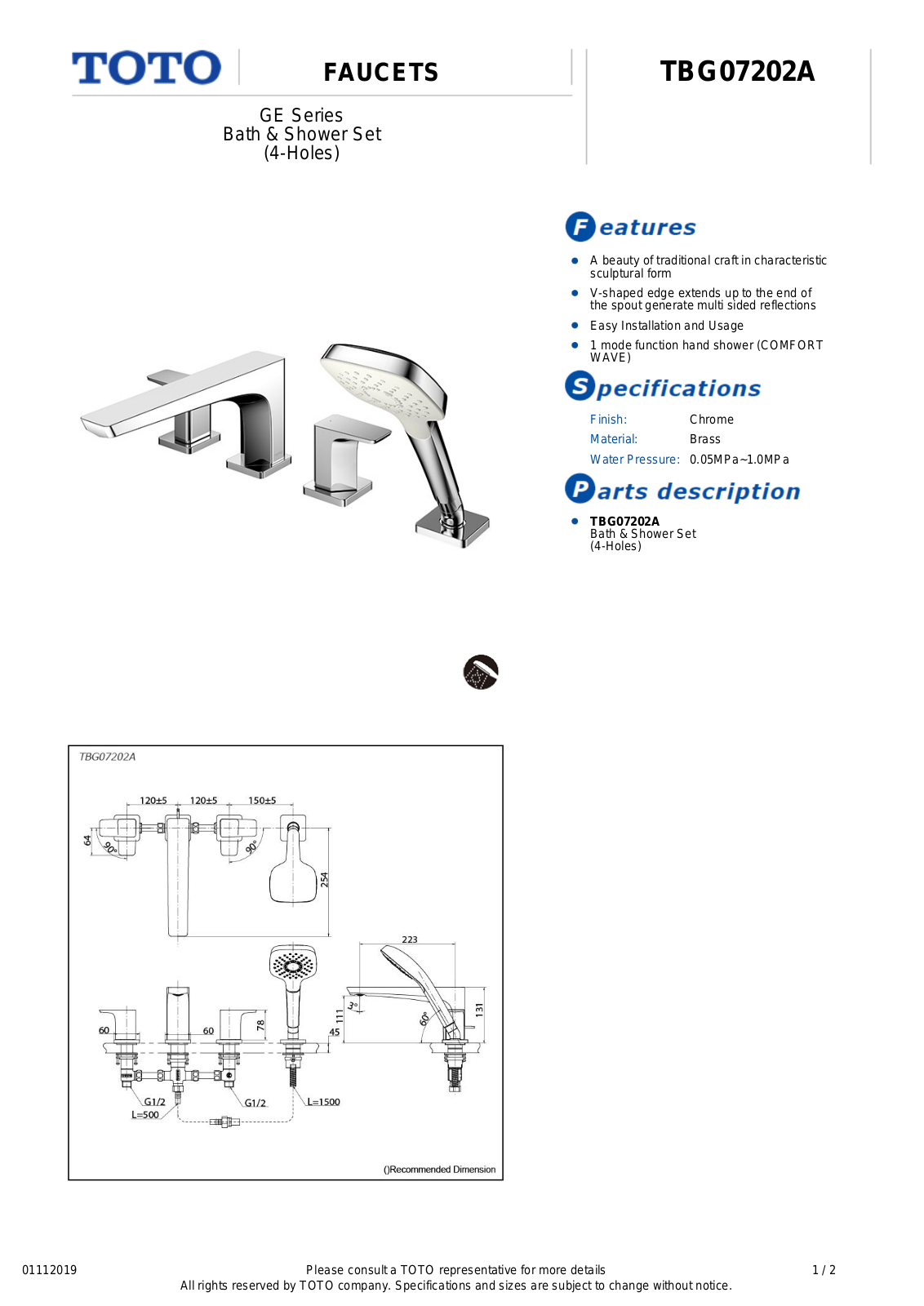 TOTO TBG07202A Product information