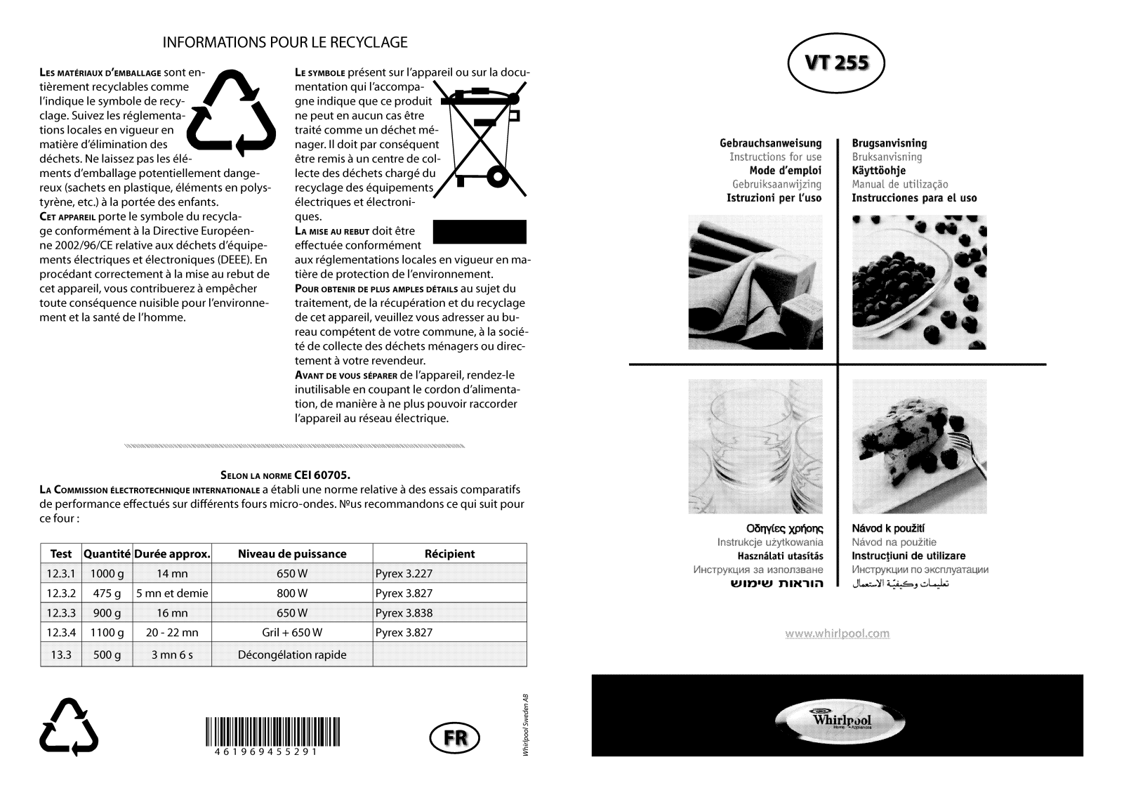 WHIRLPOOL VT255 User Manual