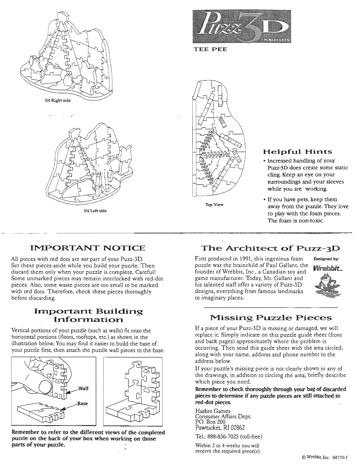 Hasbro PUZZ 3D MINIATURES TEE PEE User Manual