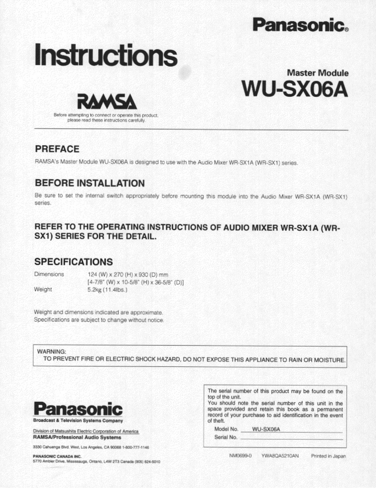 Panasonic wusx06a Operation Manual