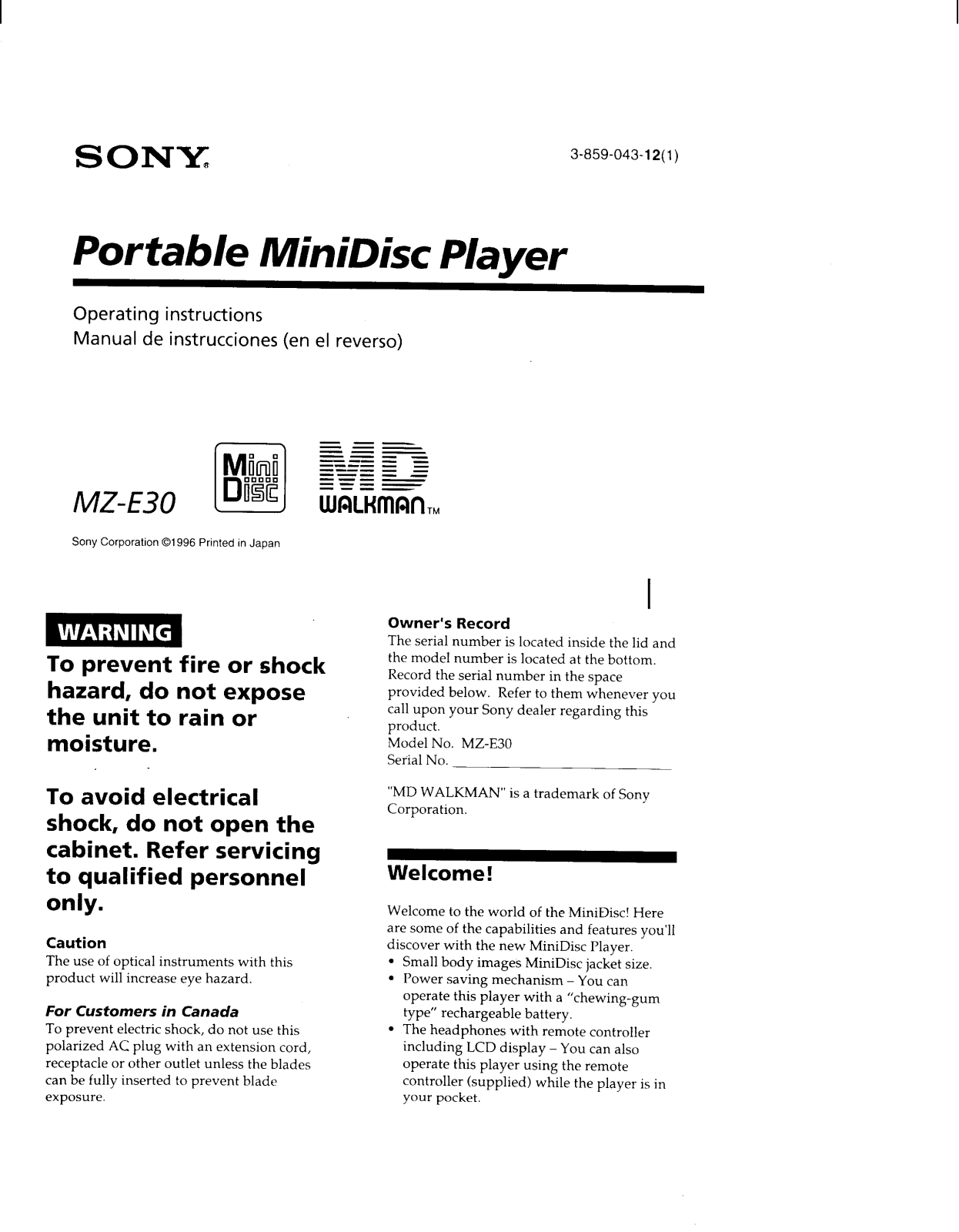 Sony MZE-30 Owners manual