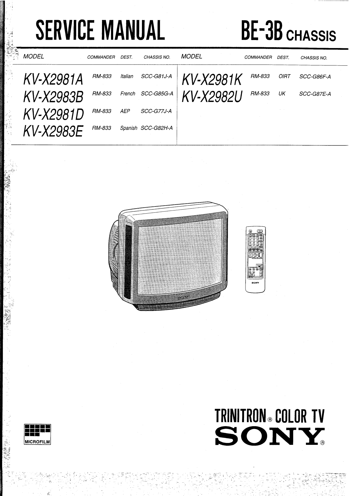 SONY KV-X2981A, KV-X2981D, KV-X2981B, KV-X2981U, KV-X2981E SERVICE MANUAL