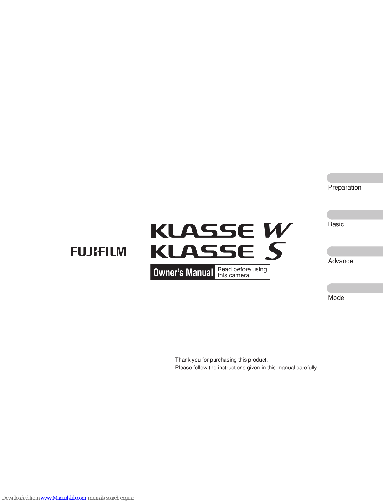 FujiFilm KLASSE W, KLASSE S Owner's Manual