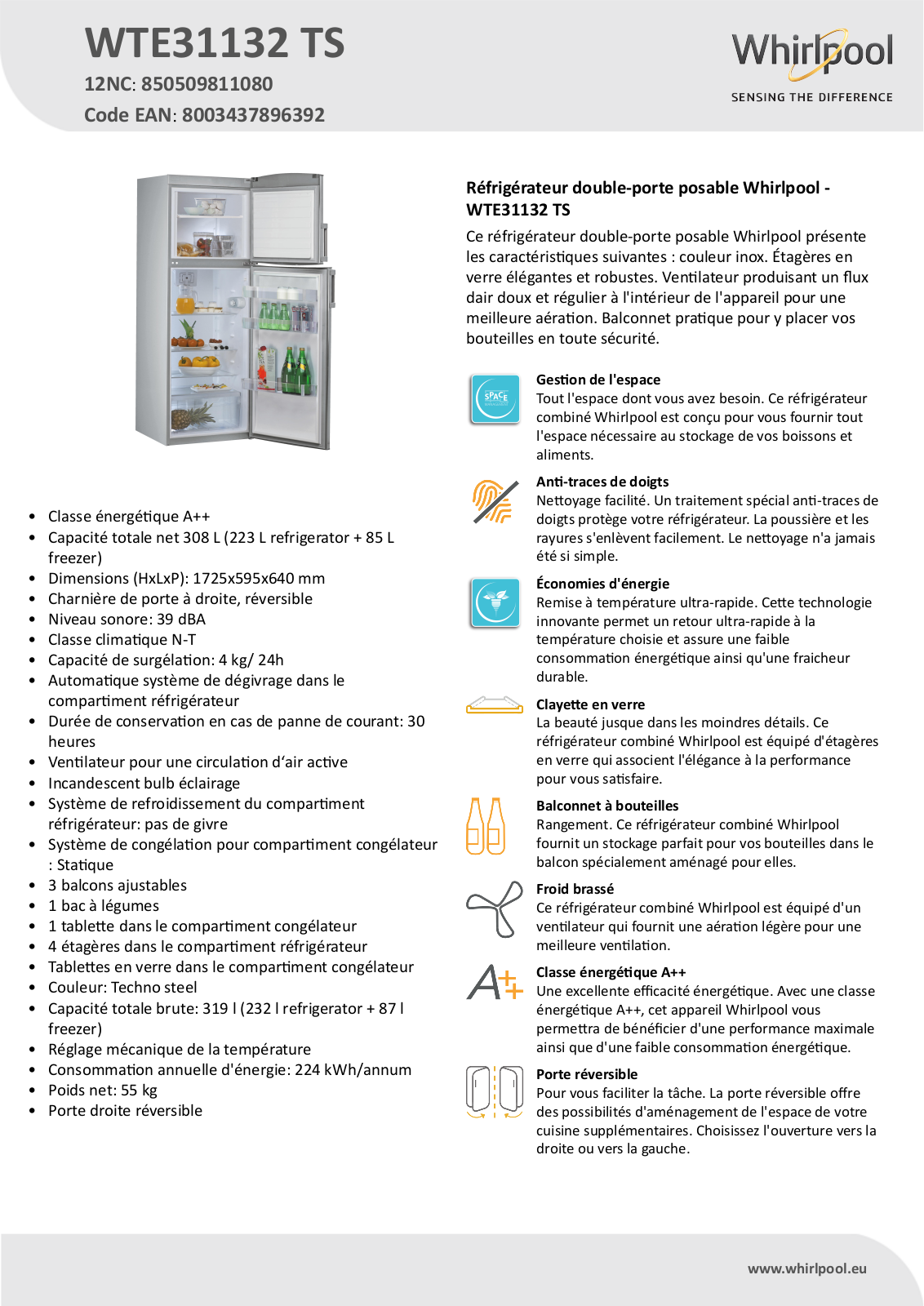 Whirlpool WTE31132 TS Product information