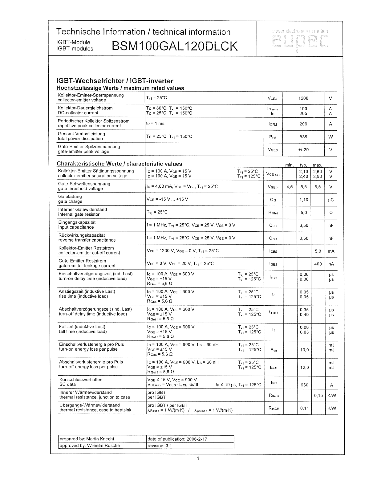 Infineon BSM100GAL120DLCK Data Sheet