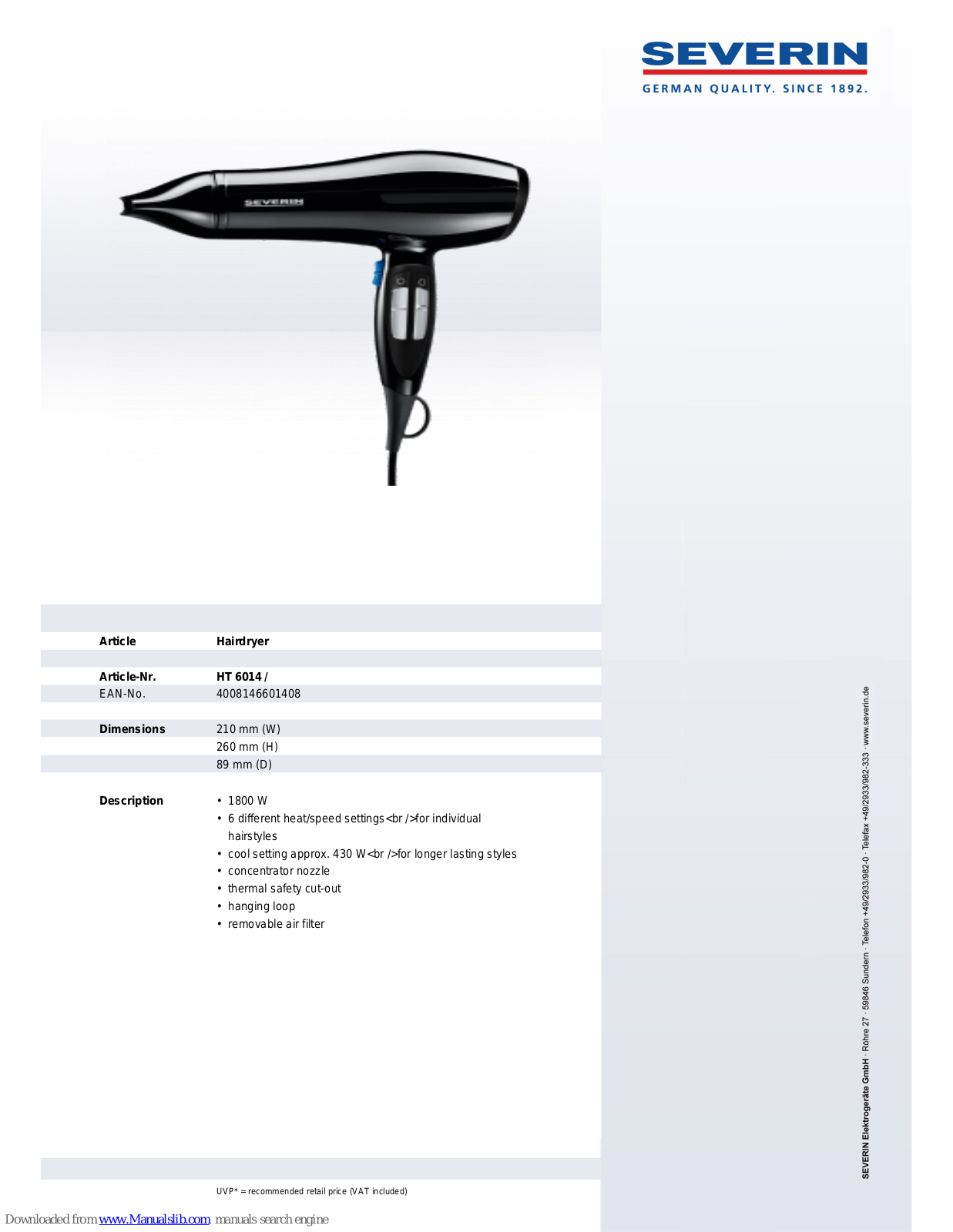 SEVERIN HAARTROCKNER HT 6014,HT 6014 Dimensions