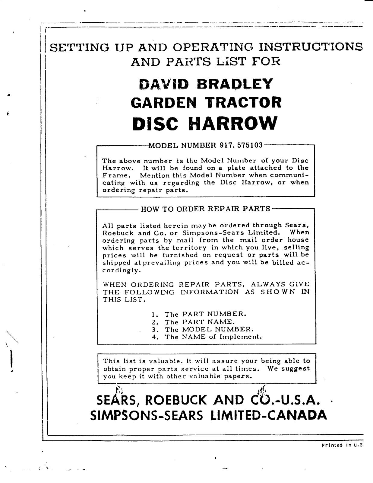 David Bradley 917.575103 Operating instructions