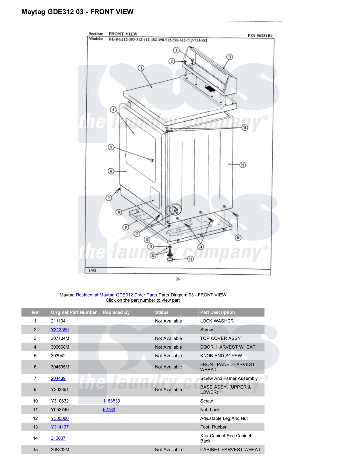 Maytag GDE312 Parts Diagram