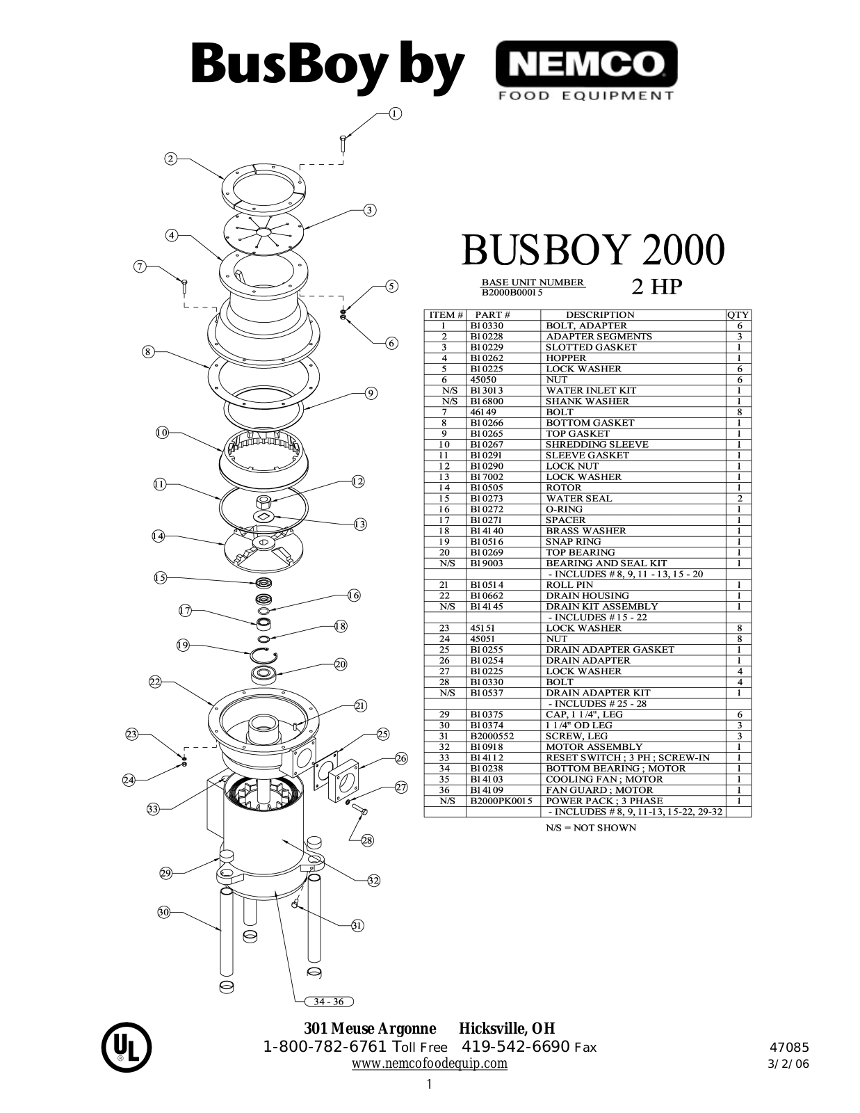 Dito Dean B2000 Parts List