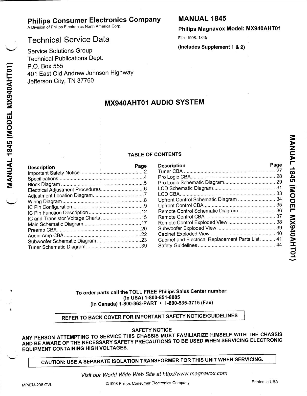 Philips MX-940-AHT-01 Service manual