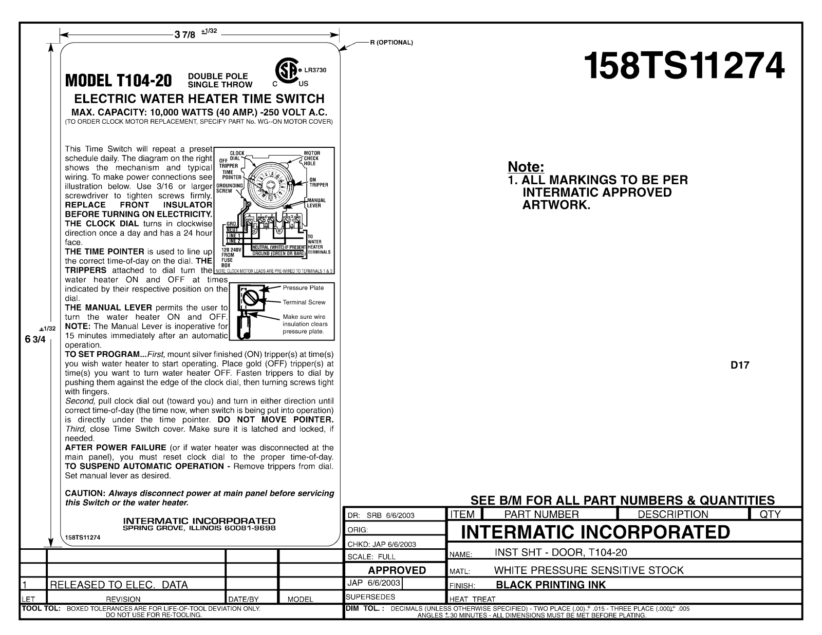 Intermatic 158TS11274-1 User Manual