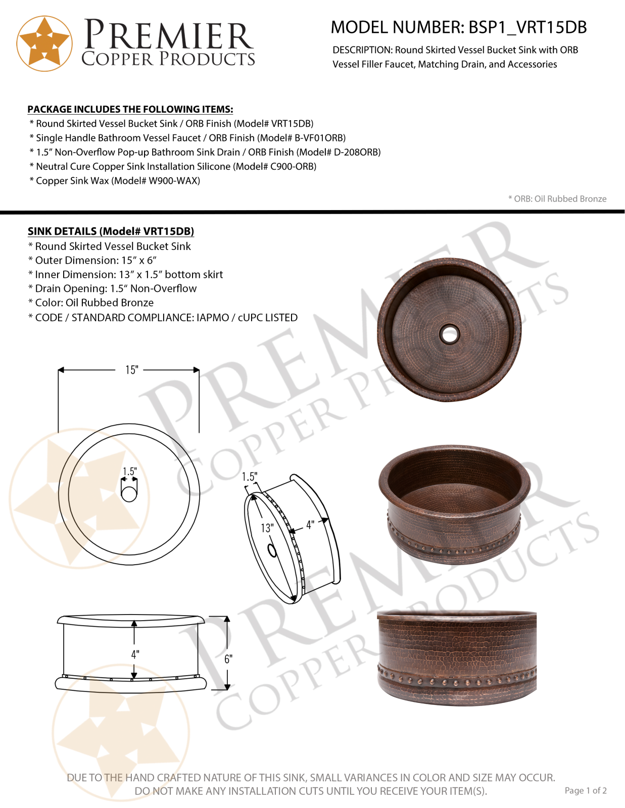 Premier Copper Products IER1609 Specifications - ManualMachine.com