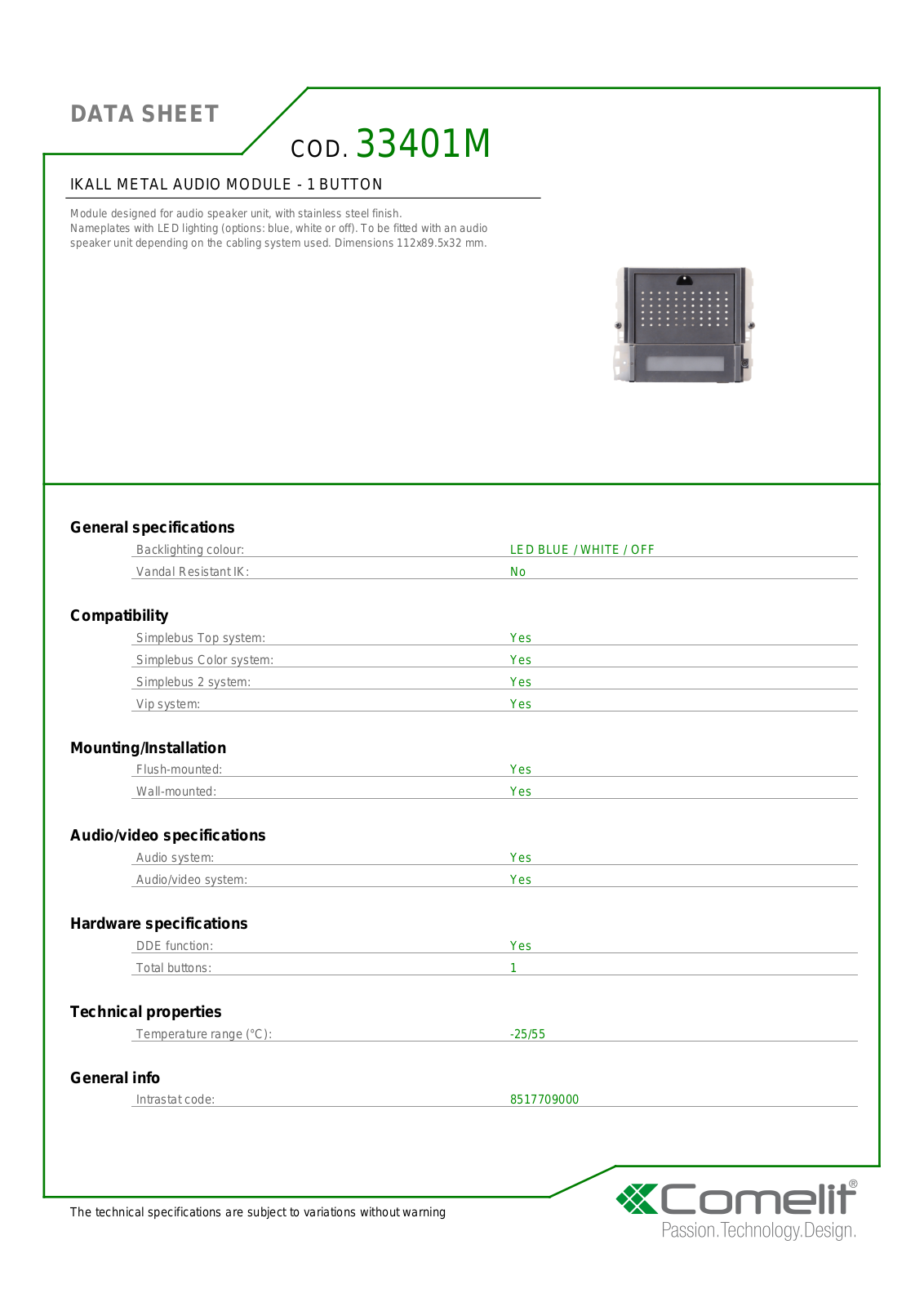 Comelit 33401M Specsheet - ManualMachine.com