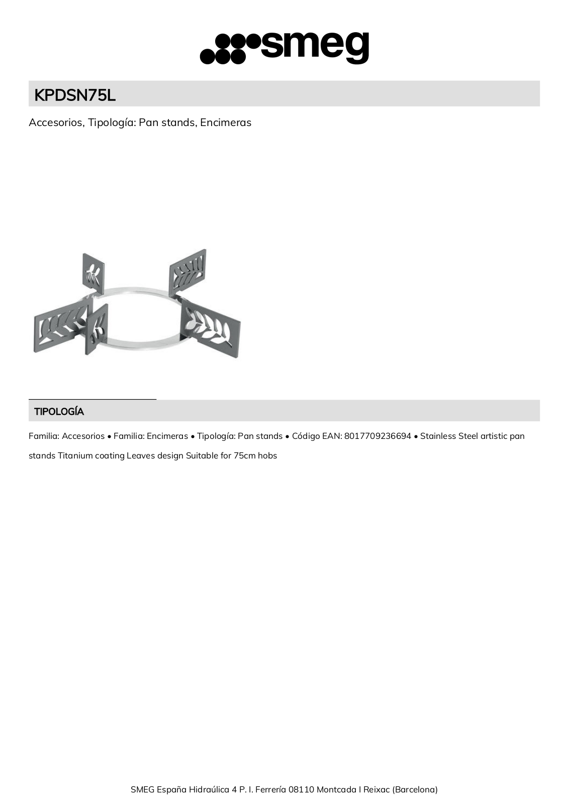 Smeg KPDSN75L Product Information Sheet