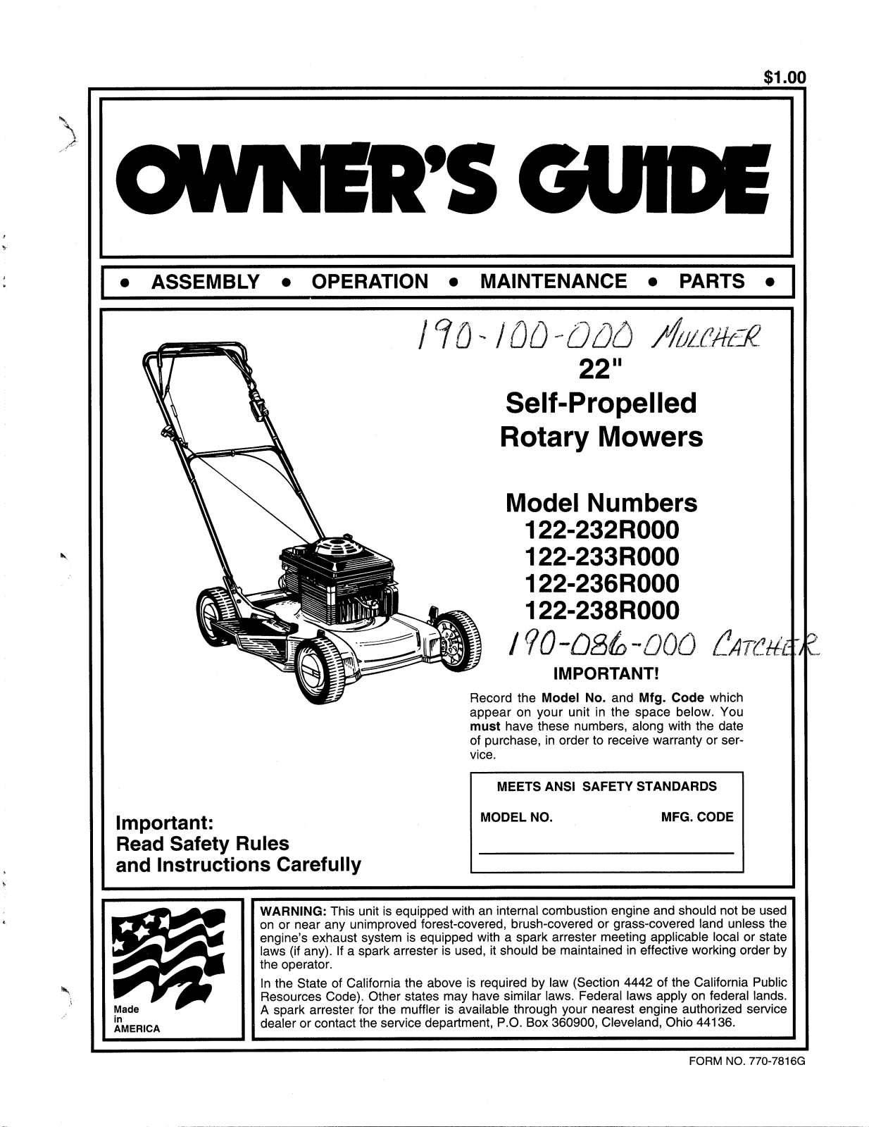 MTD 122-232R000, 122-233R000, 122-238R000, 122-236R000, 190-086-000 User Manual