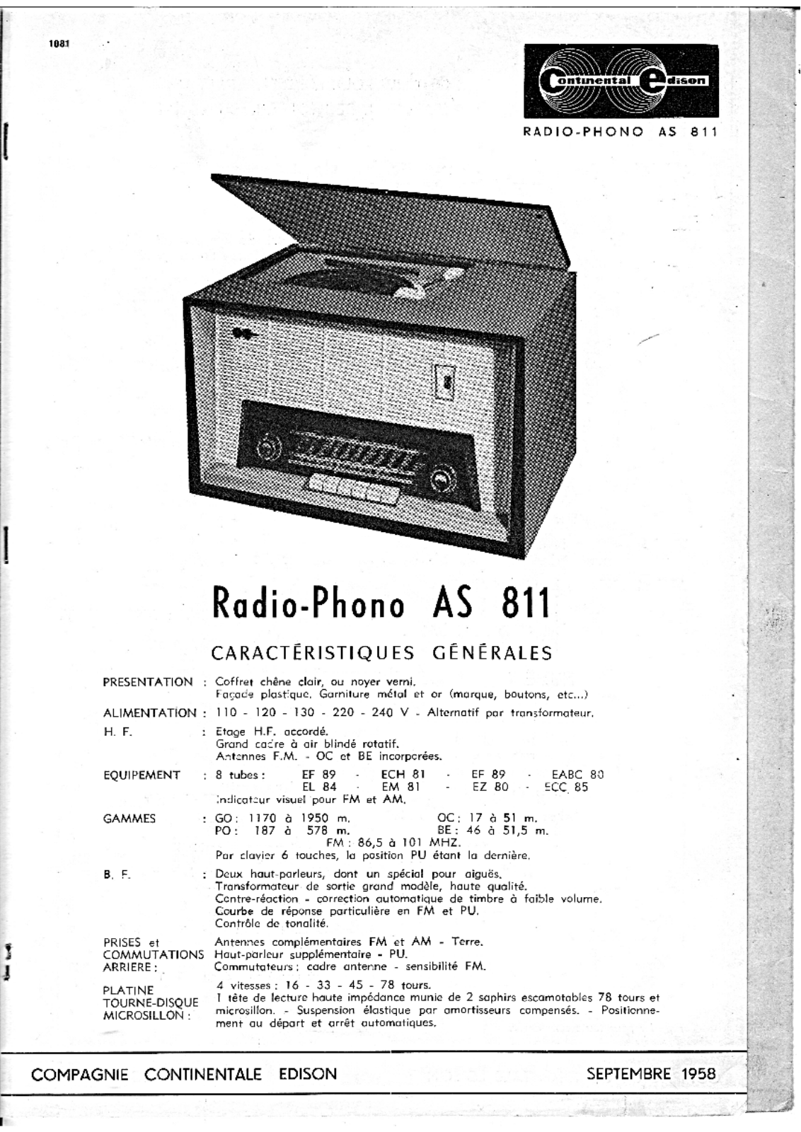 Continental Edison AS-811 Service Manual