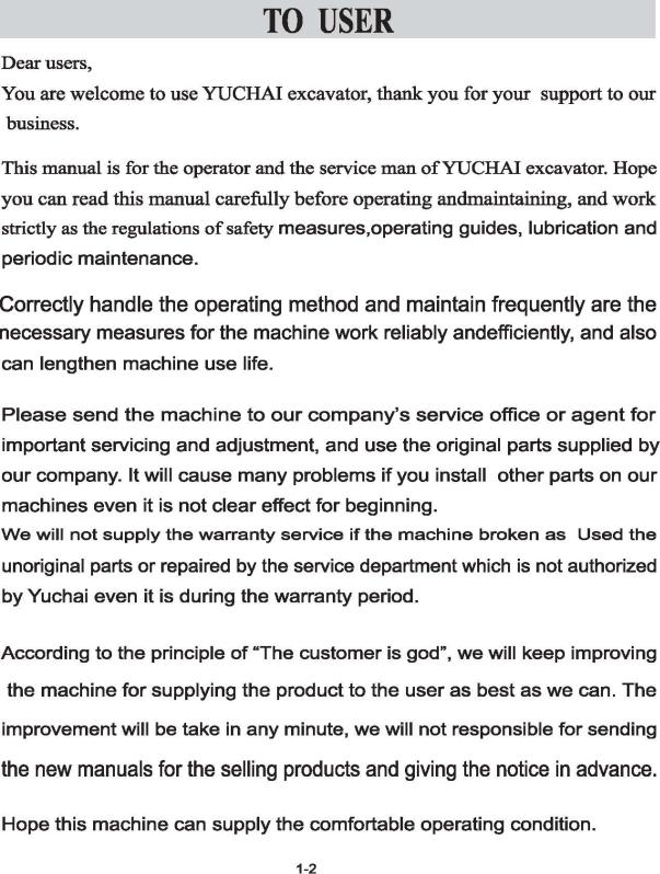 Yuchai YC25-8 digger Owner's Manual