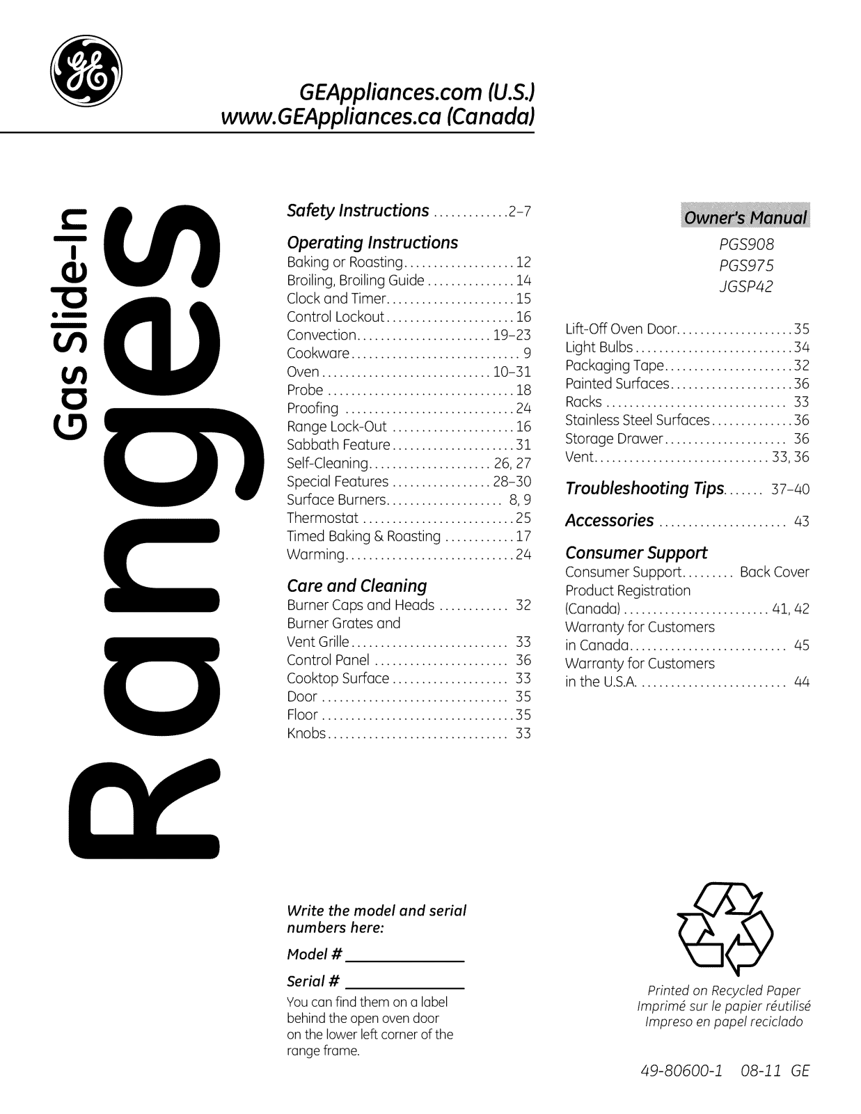 GE PGS975SEP3SS, PGS975DEP3WW, PGS975DEP3BB, PGS908SEP3SS, PGS908DEP3BB Owner’s Manual