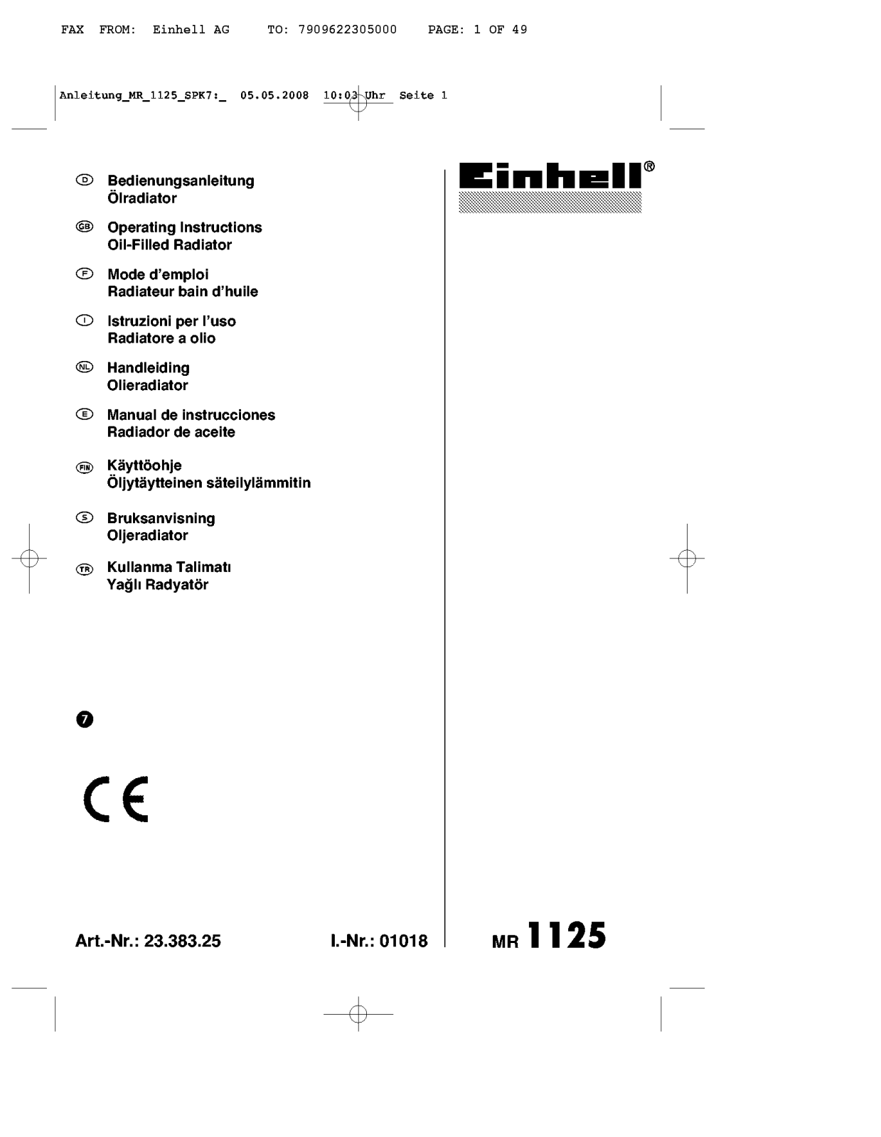 Einhell MR1125 Operating Instructions