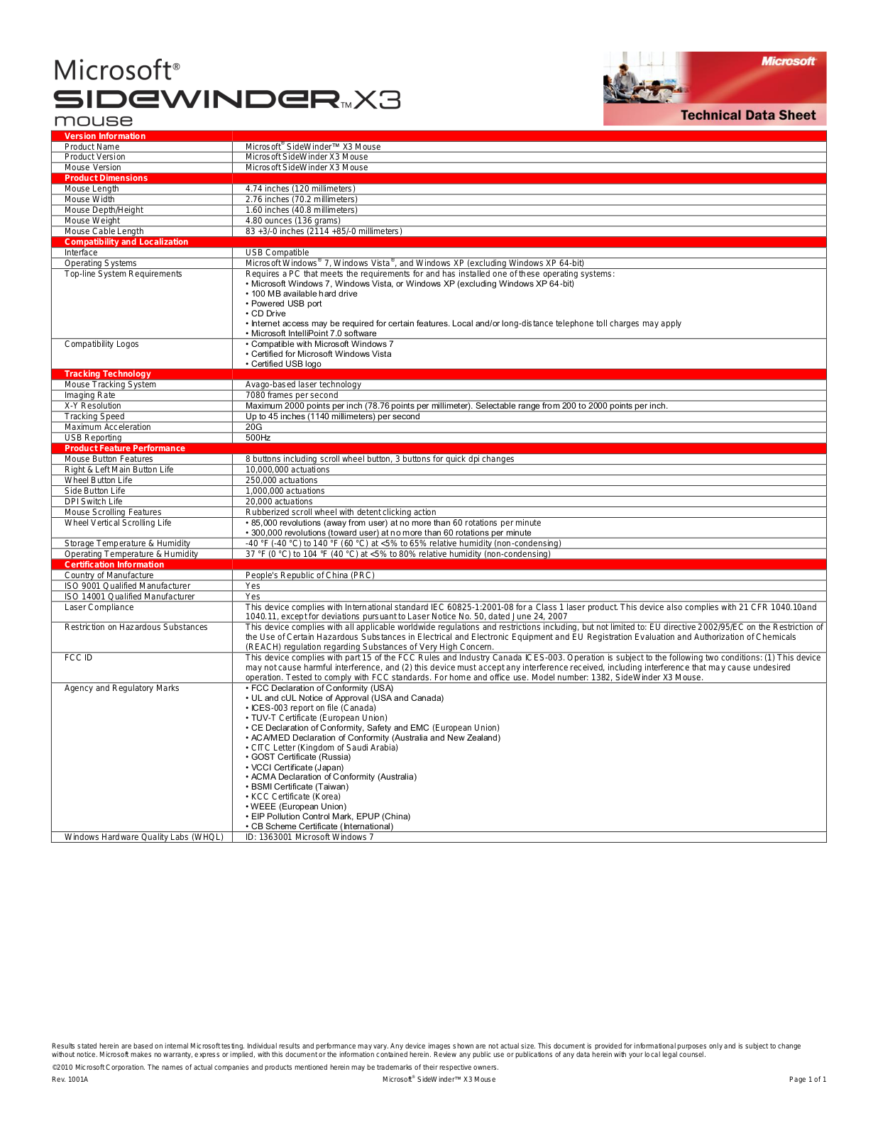 Microsoft SIDEWINDER X3 MOUSE DATASHEET