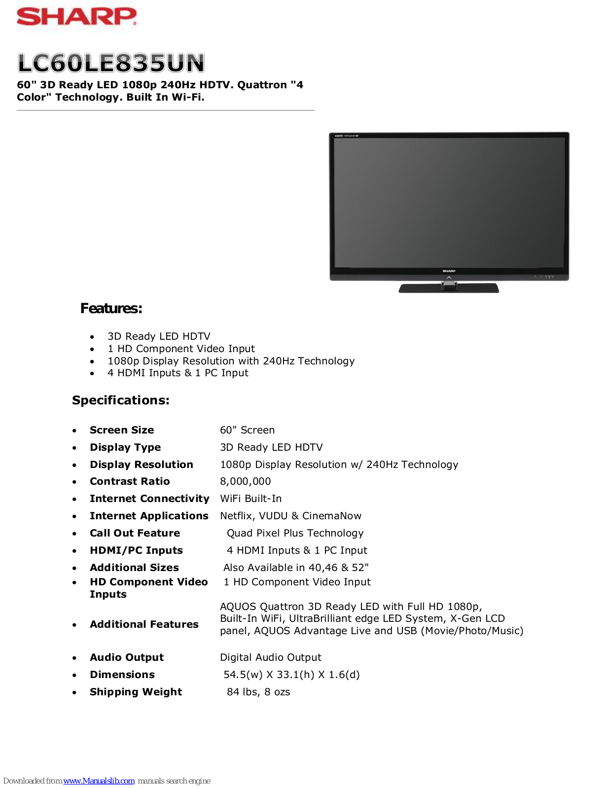 Sharp LC60LE835UN Brochure