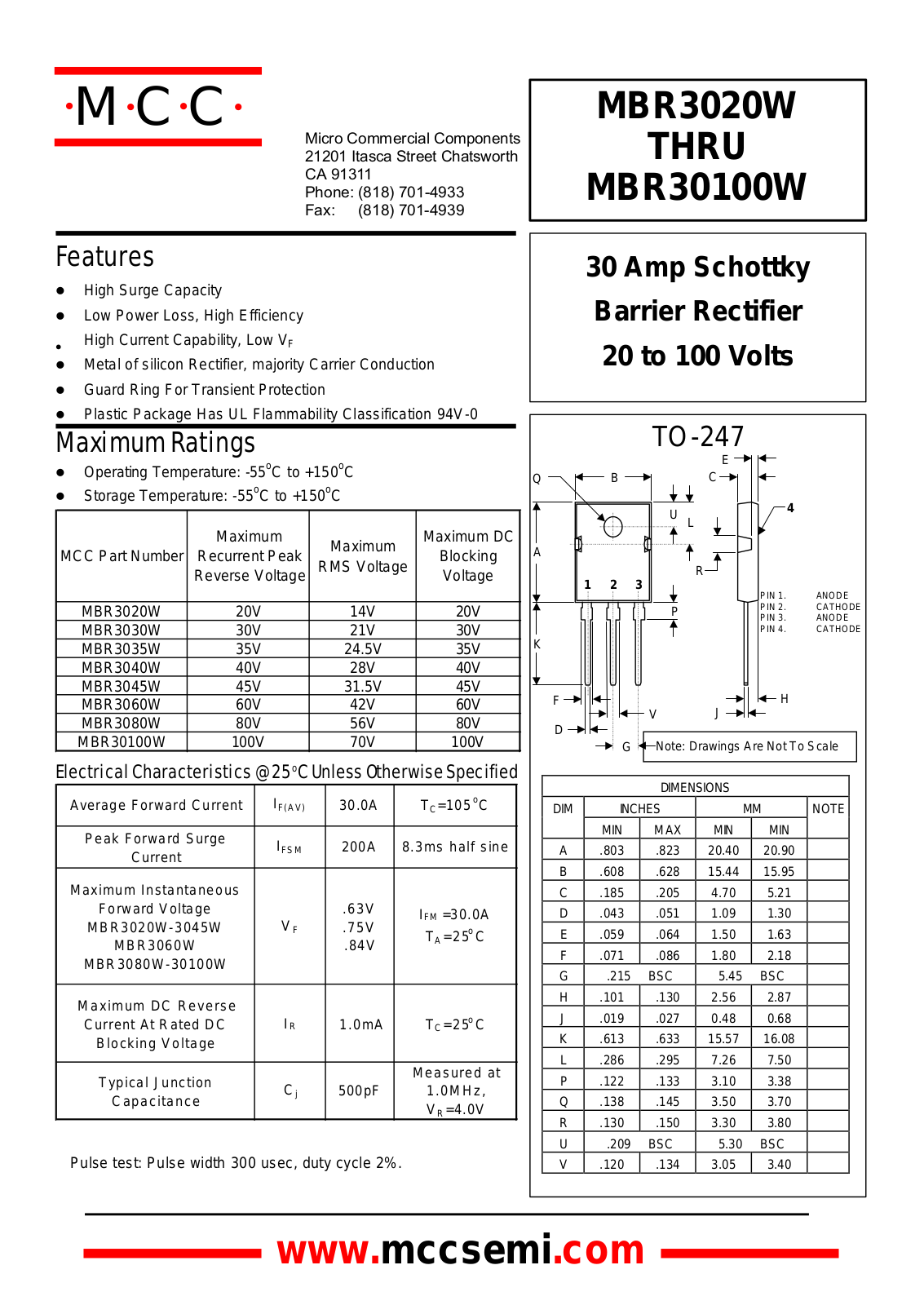 MCC MBR3030W, MBR3020W, MBR3035W, MBR30100W, MBR3045W Datasheet