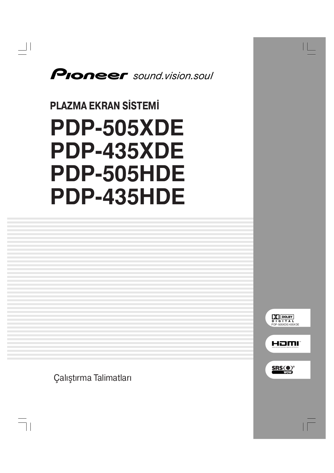 Pioneer PDP-505XDE, PDP-505HDE, PDP-435HDE, PDP-435XDE User manual