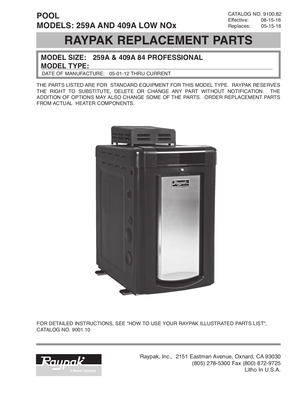 Raypak B-R259A Parts List