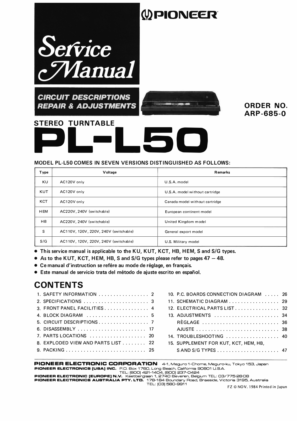 Pioneer PL-L50 Service Manual