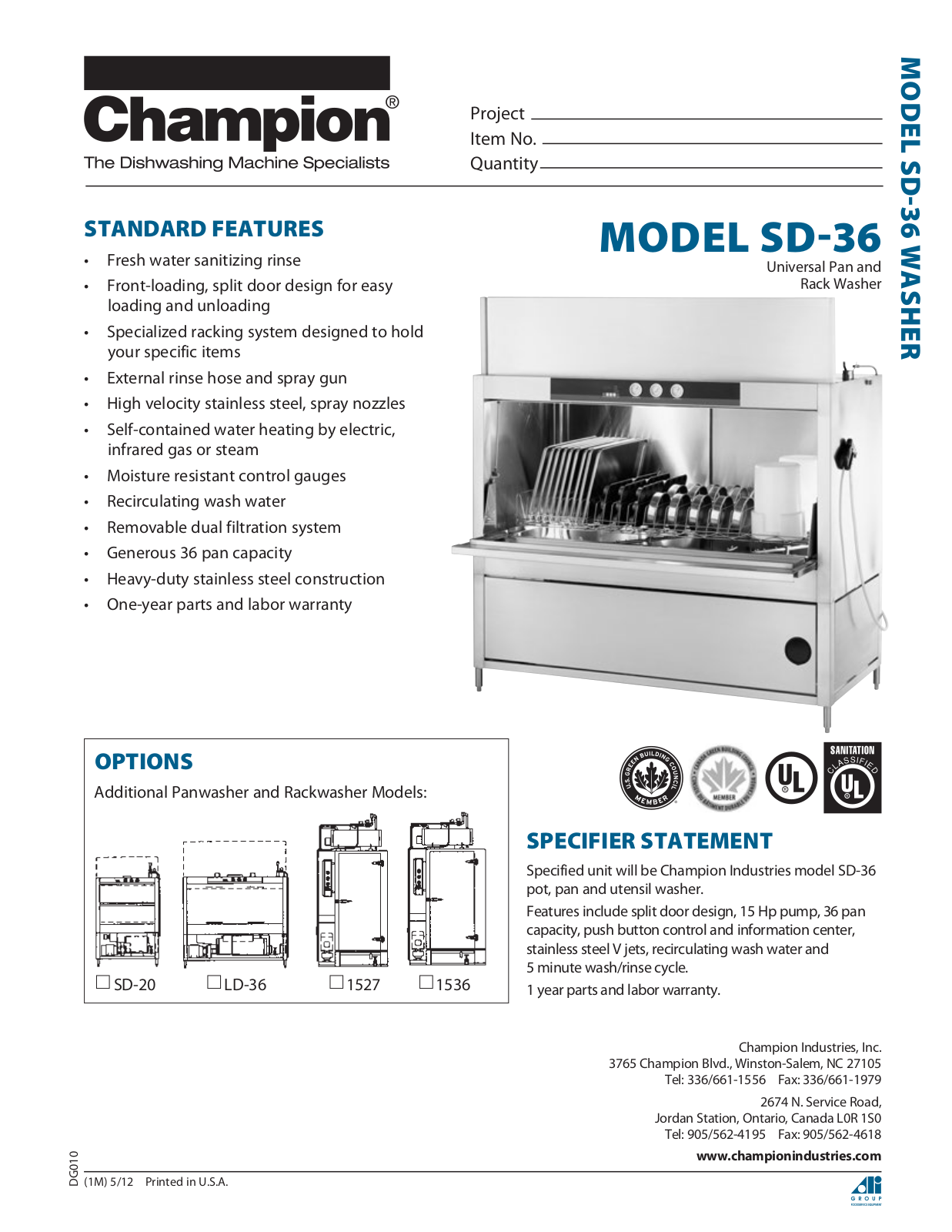 Champion Industries SD-36 Specification Sheet