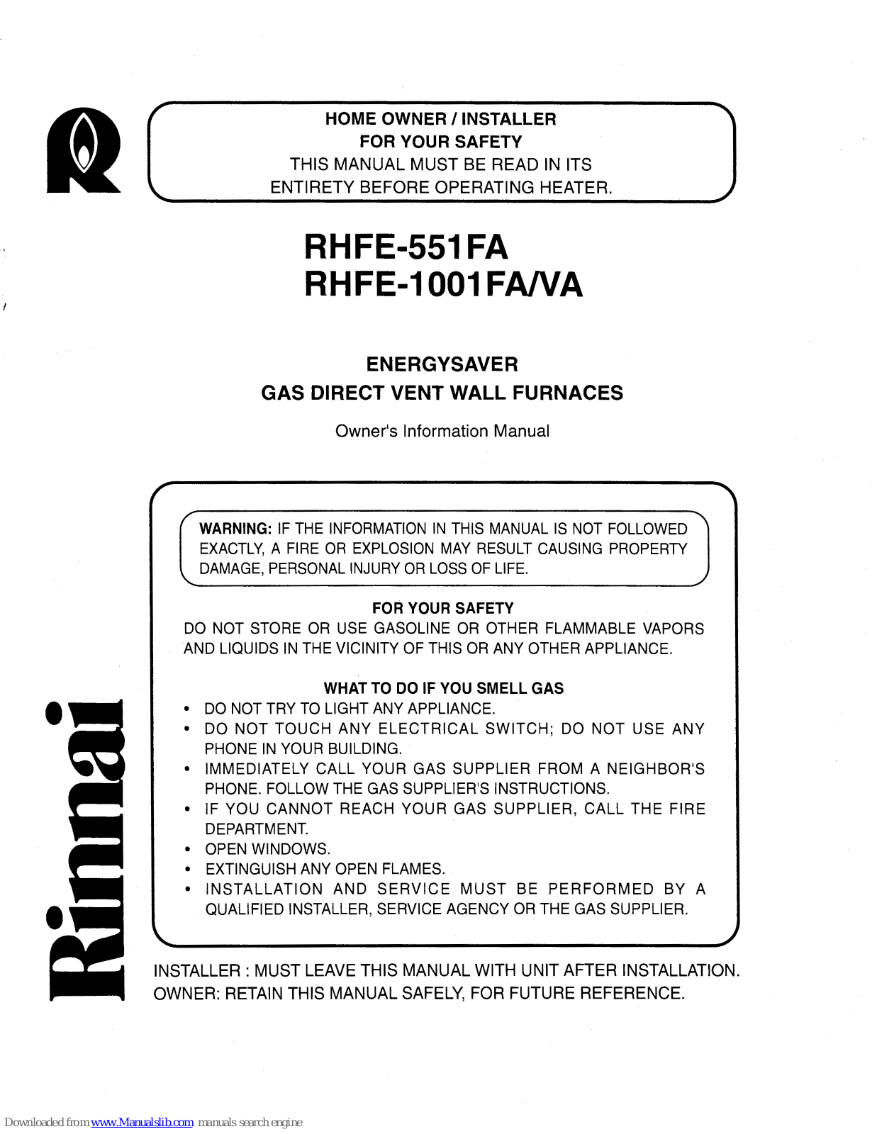 Rinnai RHFE-551FA, RHFE-1001 FA/VA Owner's Manual